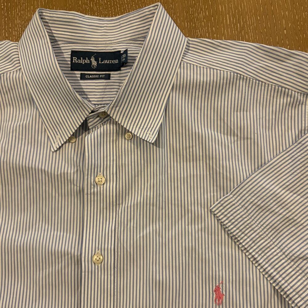Ralph Lauren Polo Shirt Mens 2XB Big White Blue Striped Classic Fit Seersucker